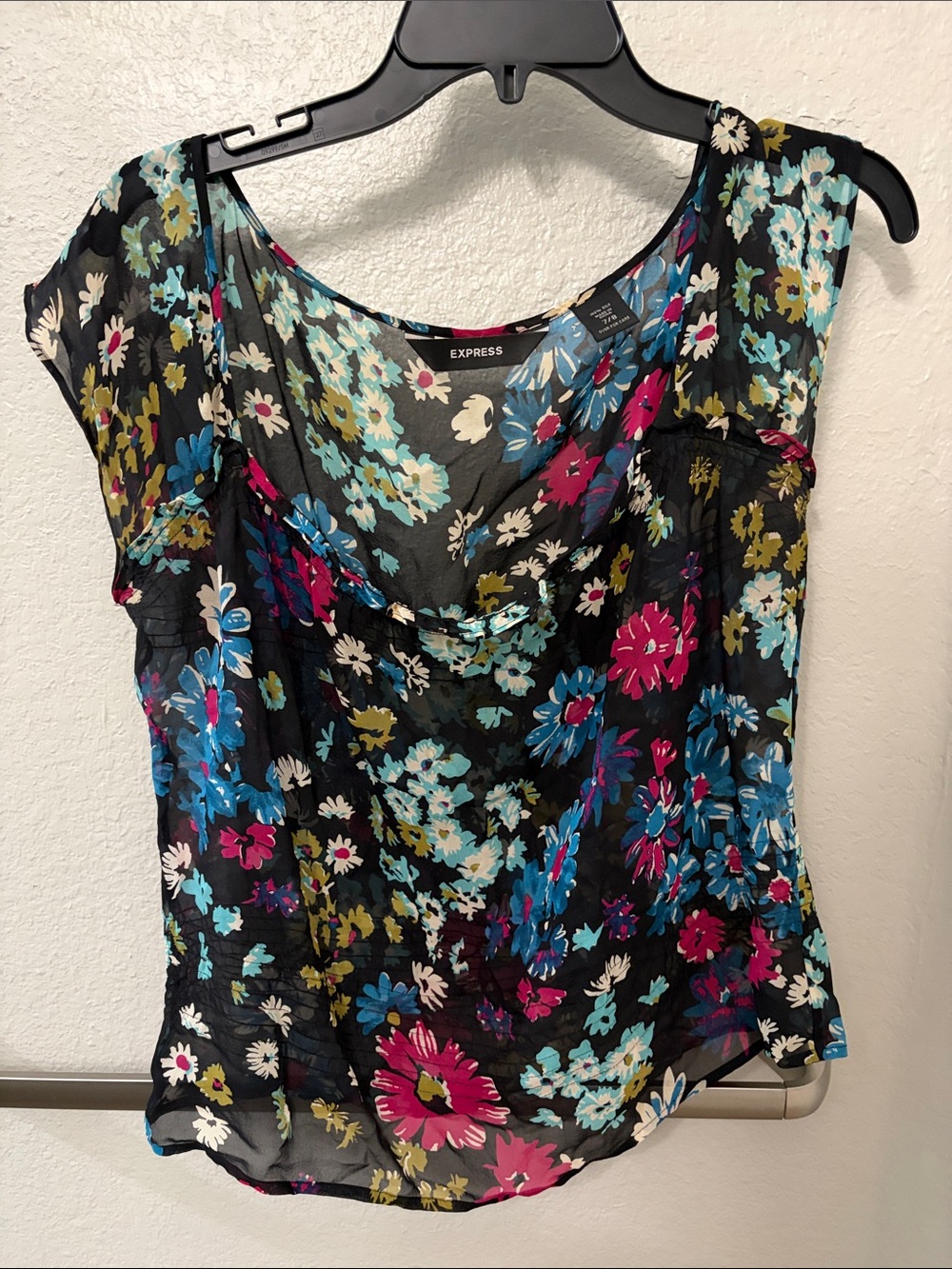 Express Black Floral Cap-Sleeve Blouse with Teal & Pink Accents